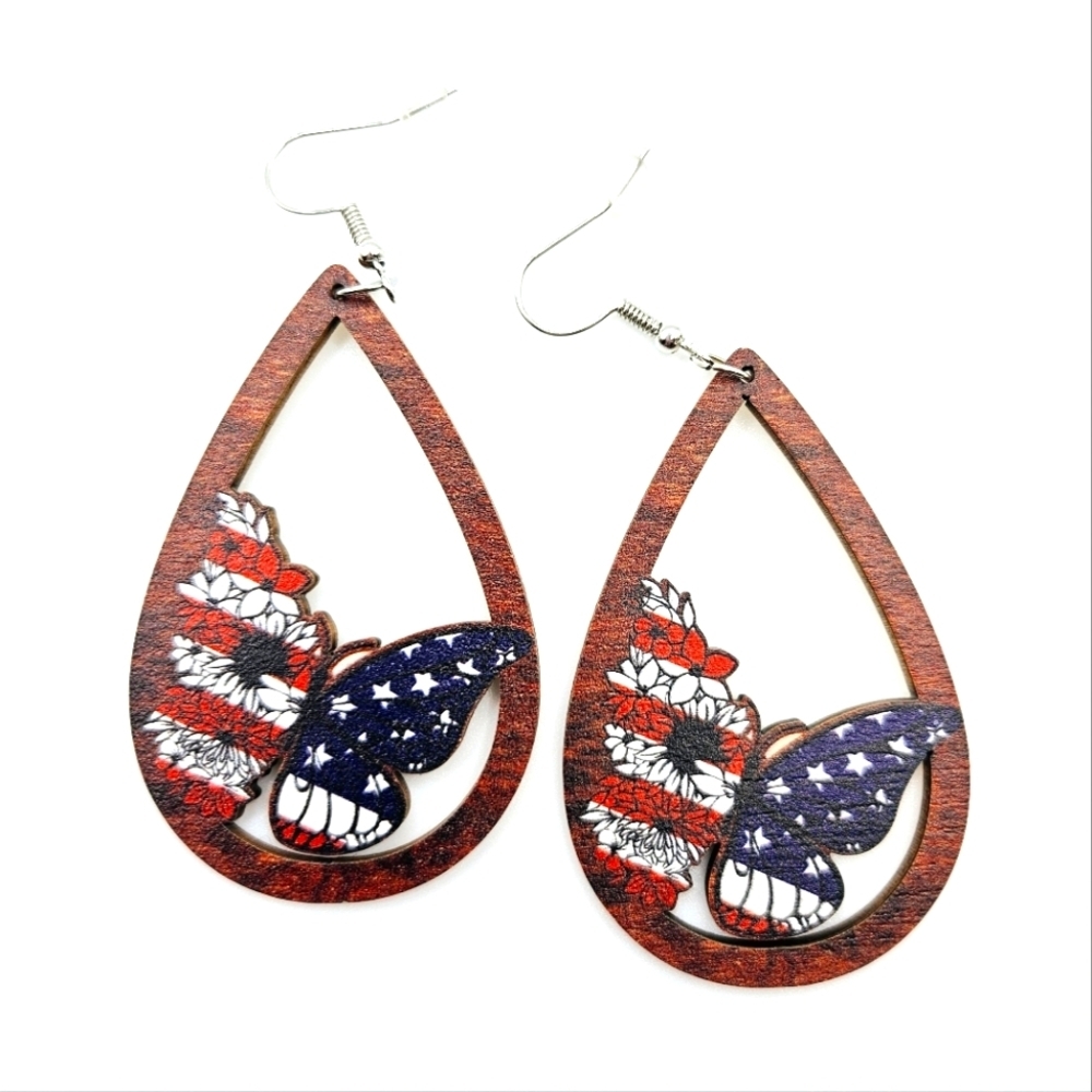 Patriotic Lightweight Painted USA Flag Butterfly Wood French Hook Earrings New